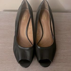 Clarks Wedges, Black Wedges, Peep Toe, Size 10 W, Good Condition, 2.5 inch